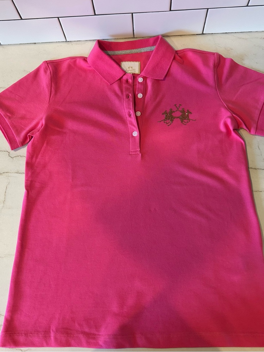 Women’s Hot Pink Short-Sleeve Polo Shirt with Gold Sparkle Crest